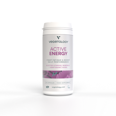 Vegetology Active Energy vegan supplement tub, B vitamins with rhodiola and schisandra, 60 capsules