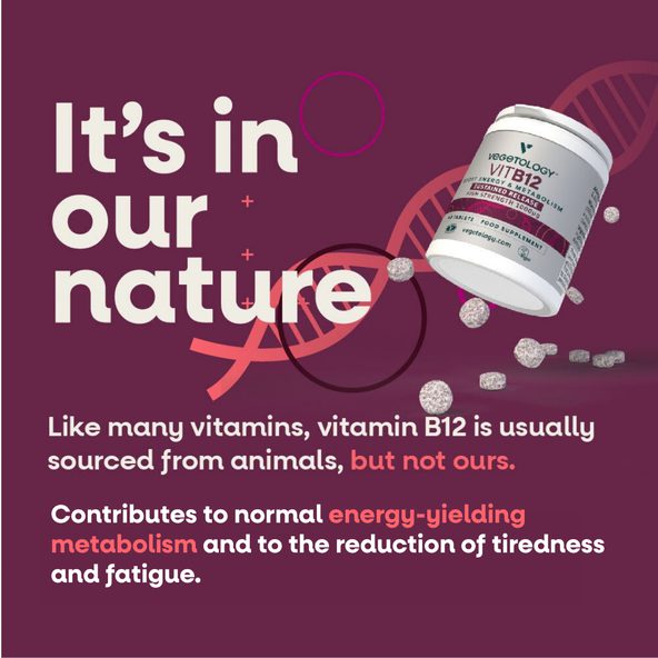 Vegetology "It's in our nature" card — a Vit B12 Sustained Release tub and scattered tablets against an illustrated DNA helix