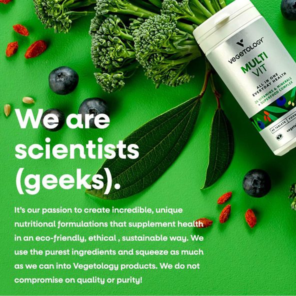 MultiVit bottle among broccoli, blueberries and goji berries with Vegetology's we are scientists brand statement
