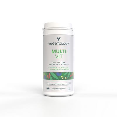 Vegetology MultiVit vegan multivitamin, 26 vitamins and minerals plus superfood complex, 60-tablet bottle
