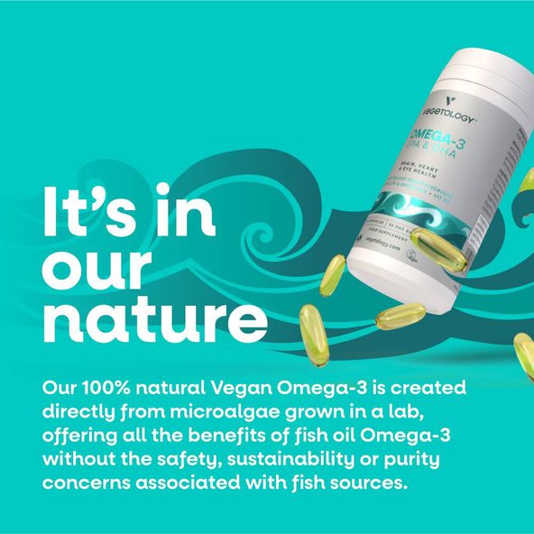 Graphic explaining Vegetology vegan omega-3 is sustainably made from microalgae, not fish