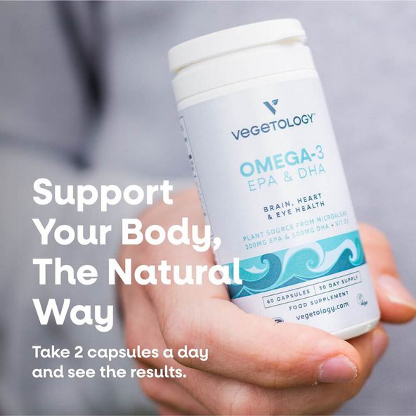 Vegetology vegan omega-3 bottle with instructions to take two capsules daily with food