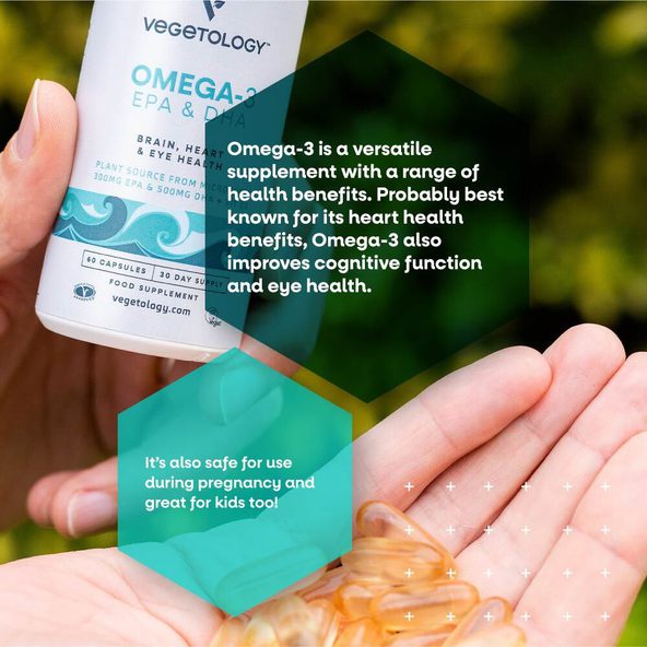 Vegetology vegan omega-3 highlights: algae-derived, no fish, Vegan Society approved