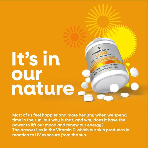 Vegetology "It's in our nature" card — a Vit D3 1000iu tub and scattered tablets against illustrated suns