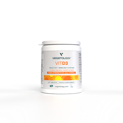 Vegetology Vit D3 2500iu vegan supplement tub, high strength 62.5µg from lichen, 60 tablets