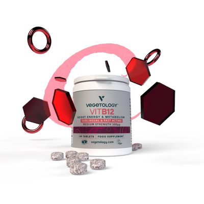 Vegetology Vit B12 Sustained Release tub among red and burgundy geometric shapes, tablets scattered below